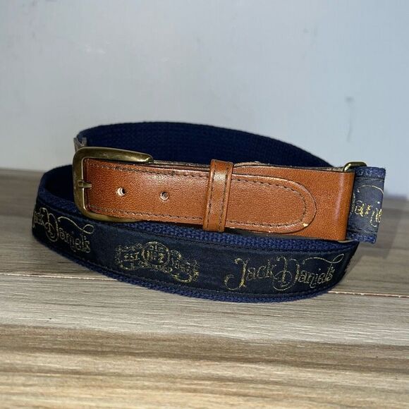 Jack Daniels Embroidered Belt Men’s One Size Blue Brown Leather Canvas Work - Picture 1 of 7